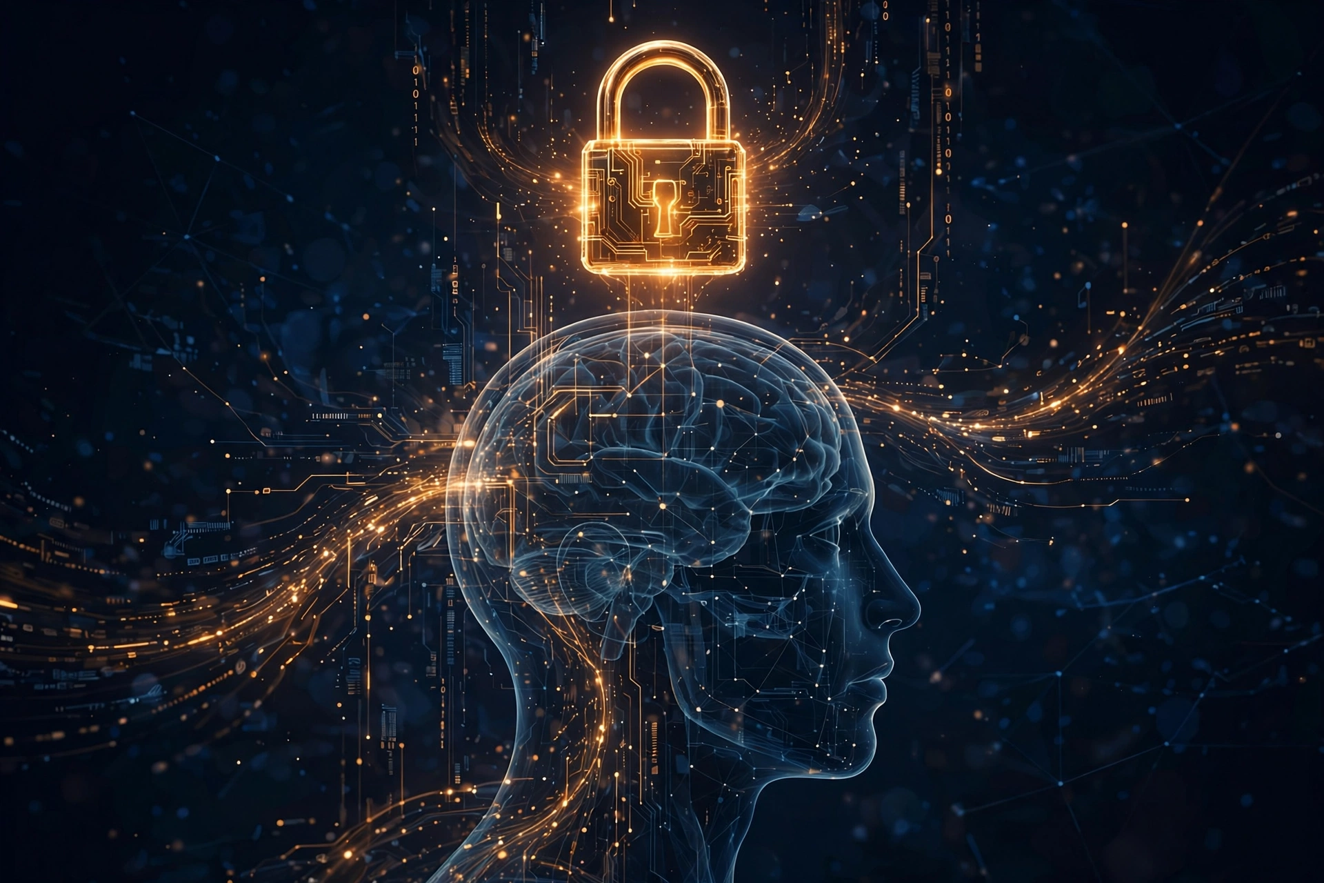 A glowing padlock over a translucent head silhouette with data streams