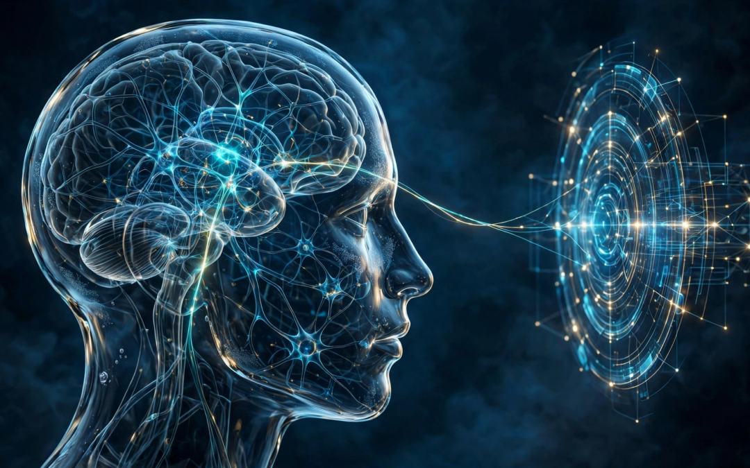 Glass head profile with glowing neural pathways connected by a luminous thread to a holographic interface