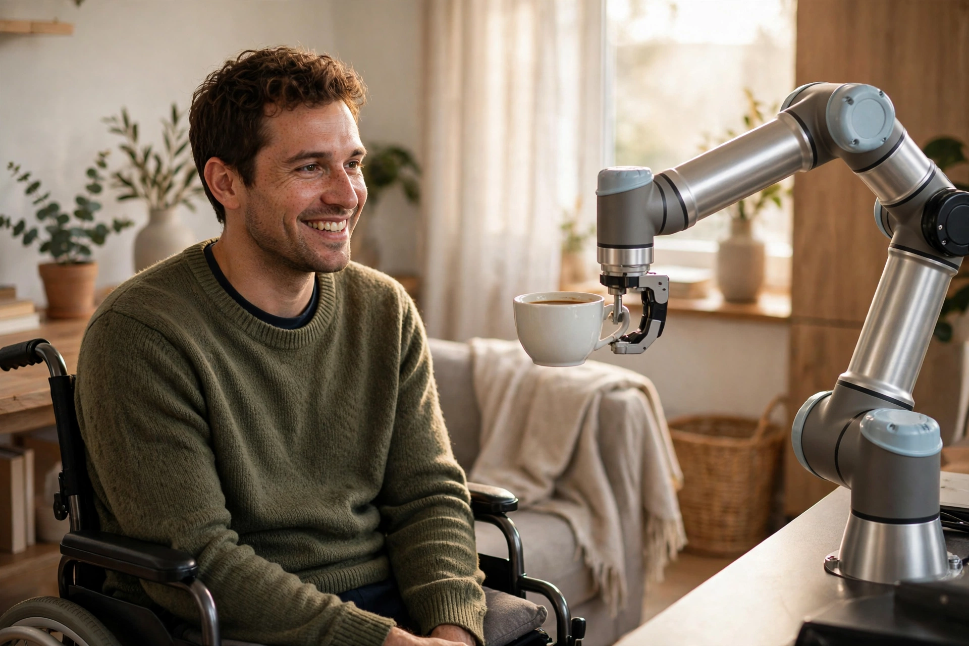 A person in a wheelchair smiling as a robotic arm lifts a cup of coffee