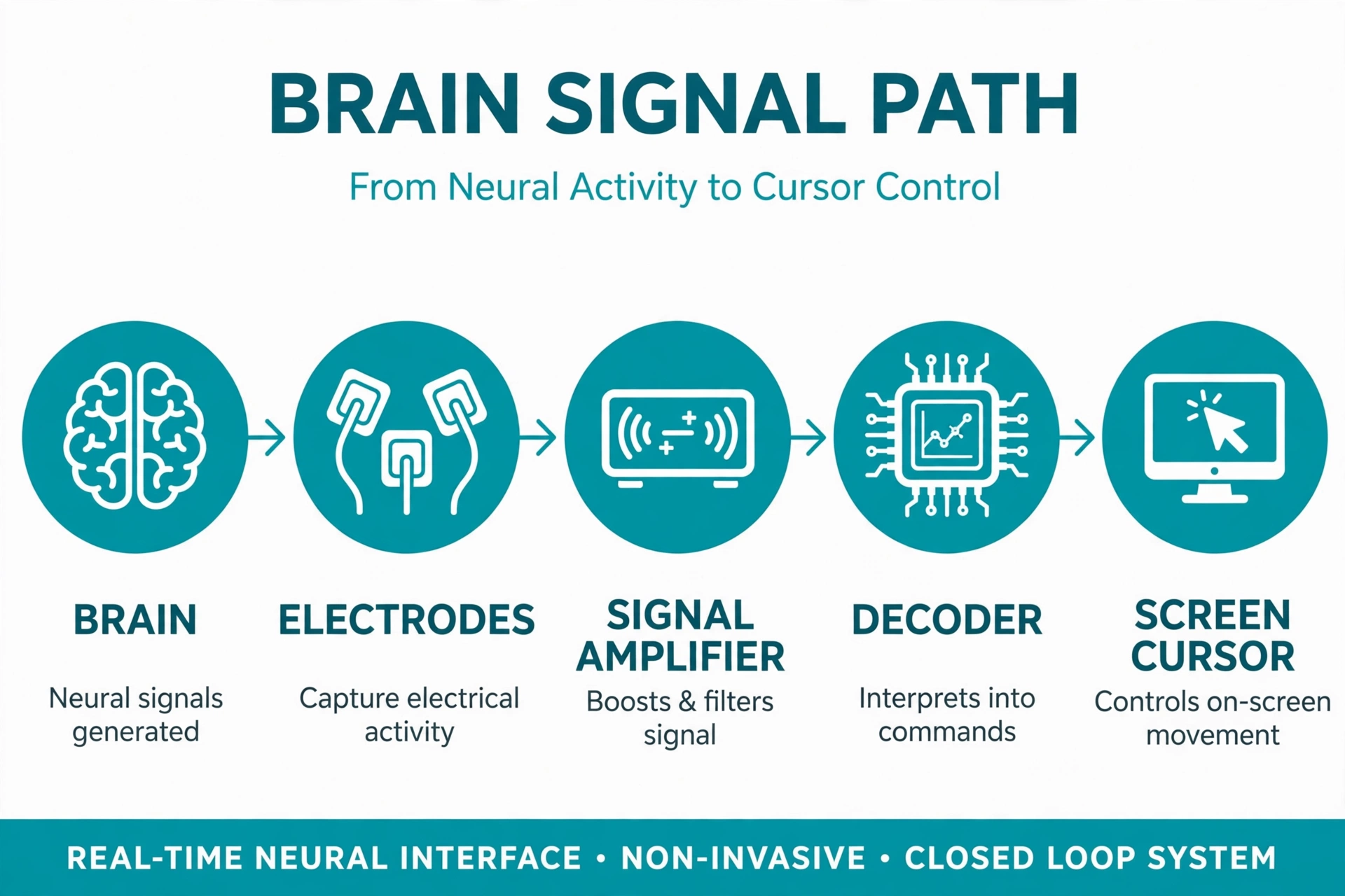 How a BCI works: brain to electrodes to amplifier to decoder to screen cursor