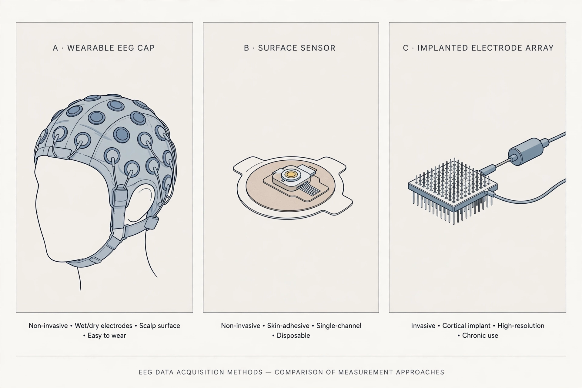 The three BCI types: wearable EEG cap, surface sensor, implanted electrode array